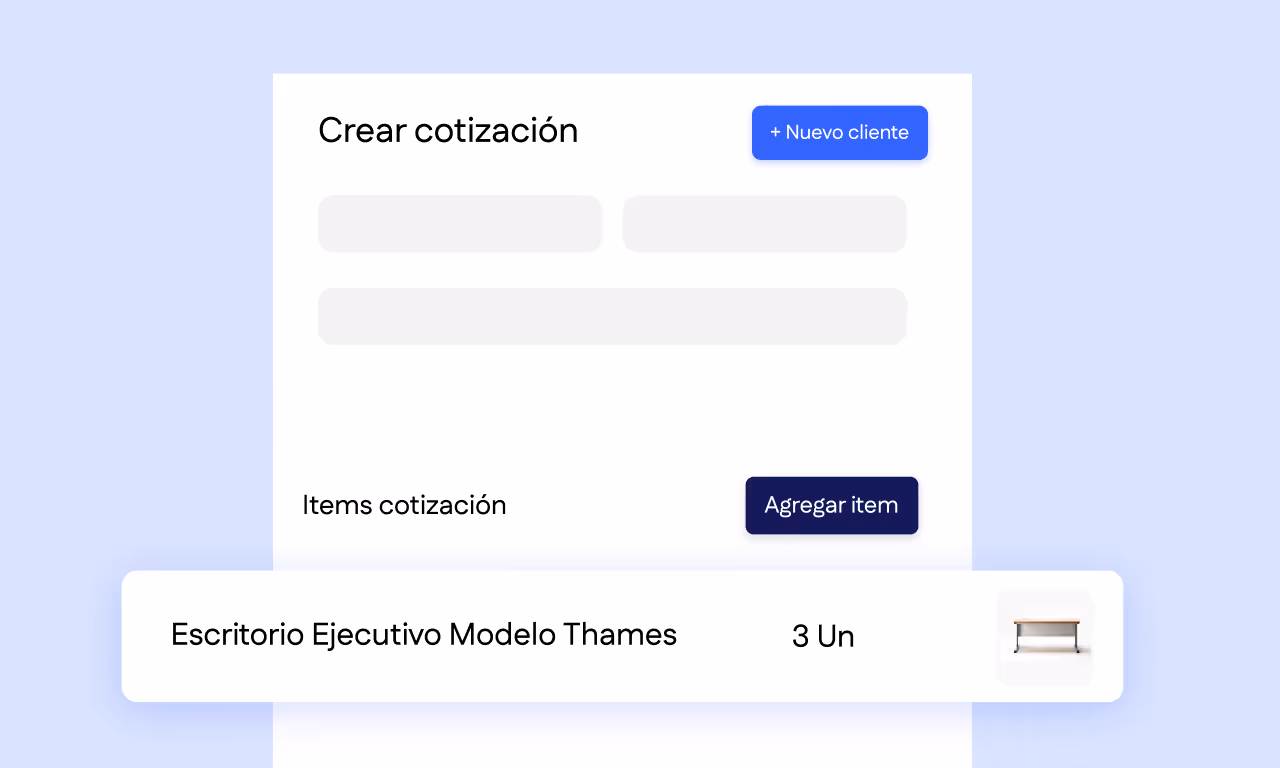 Formulario para crear una cotización con botón de nuevo cliente, campos de datos y una lista de ítems mostrando un escritorio ejecutivo modelo Thames.