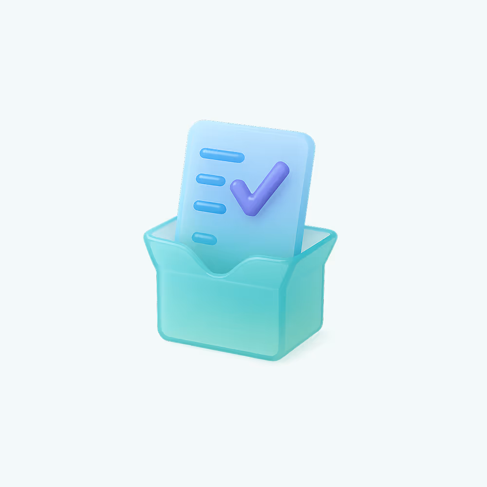 Ilustración 3D de una lista de verificación con un check morado dentro de una caja verde translúcida.