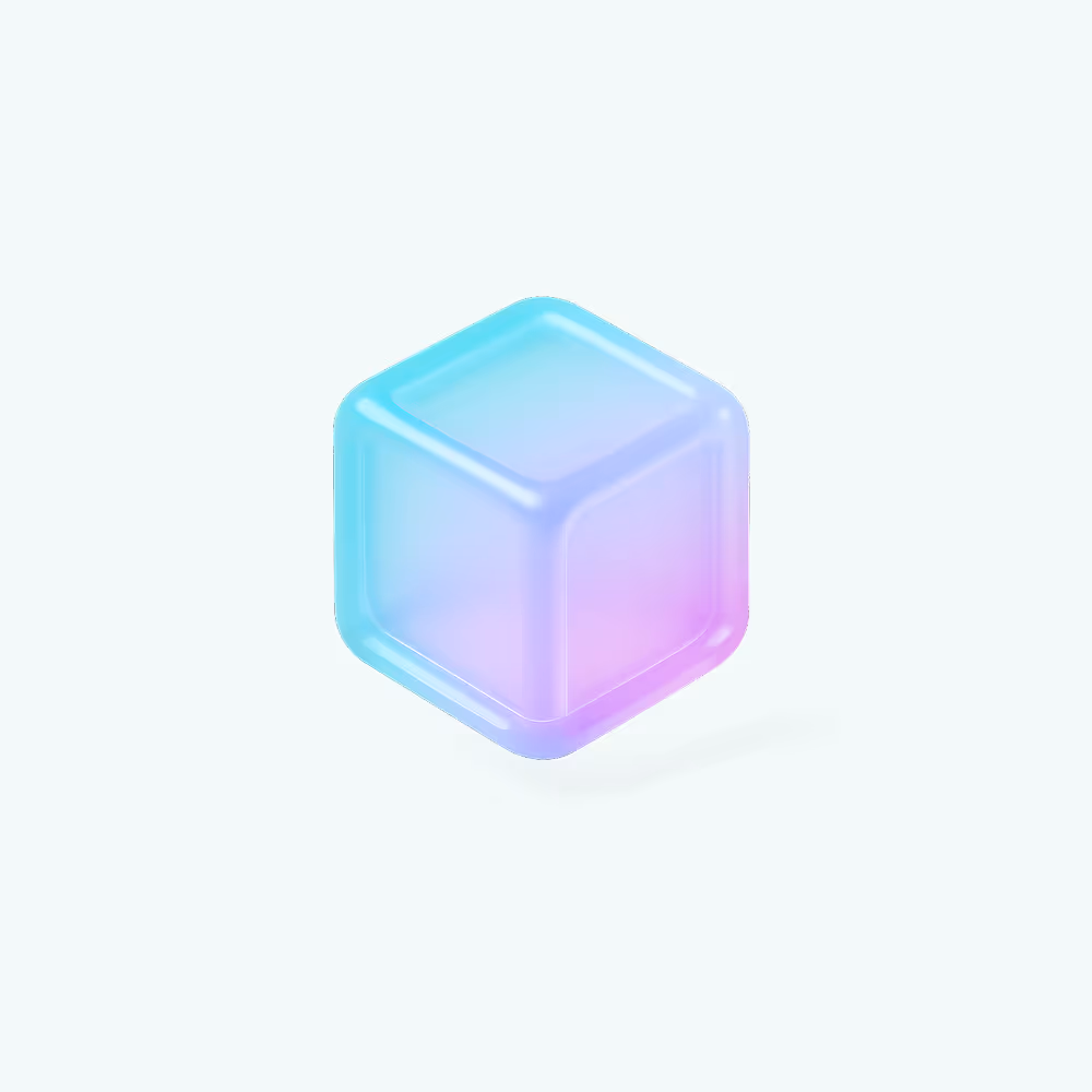 Ilustración 3D de un cubo translúcido de bordes redondeados con degradado azul y morado.