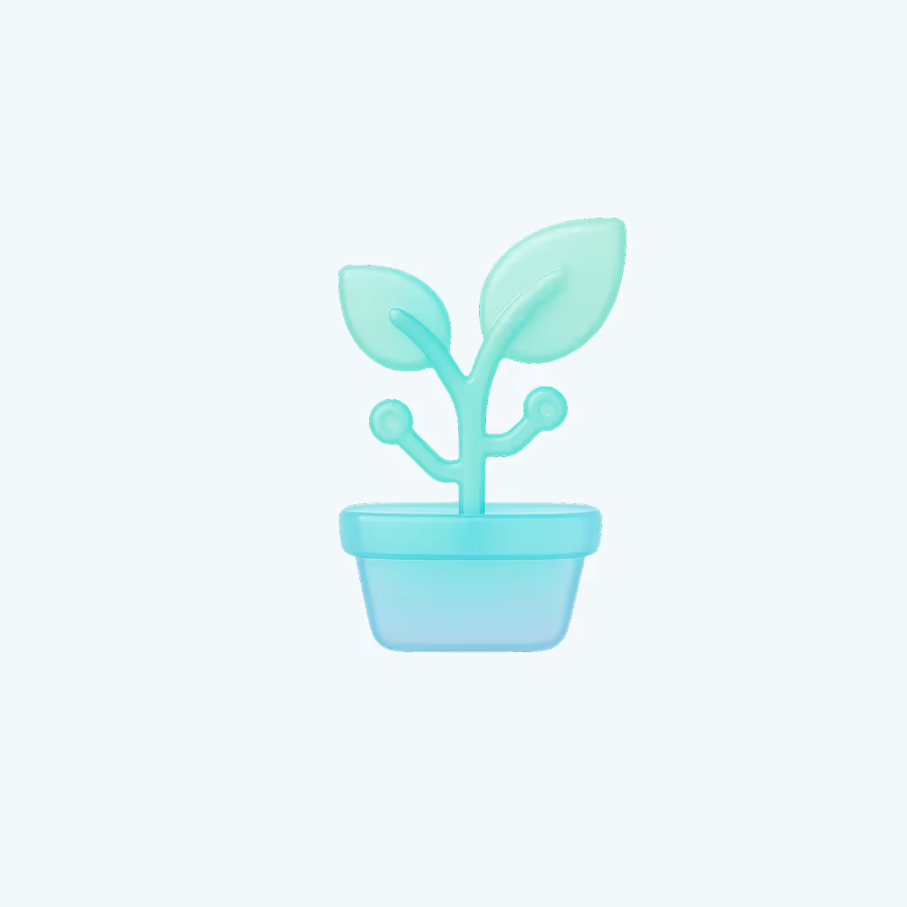 Ilustración 3D de una pequeña planta con dos hojas creciendo en una maceta.