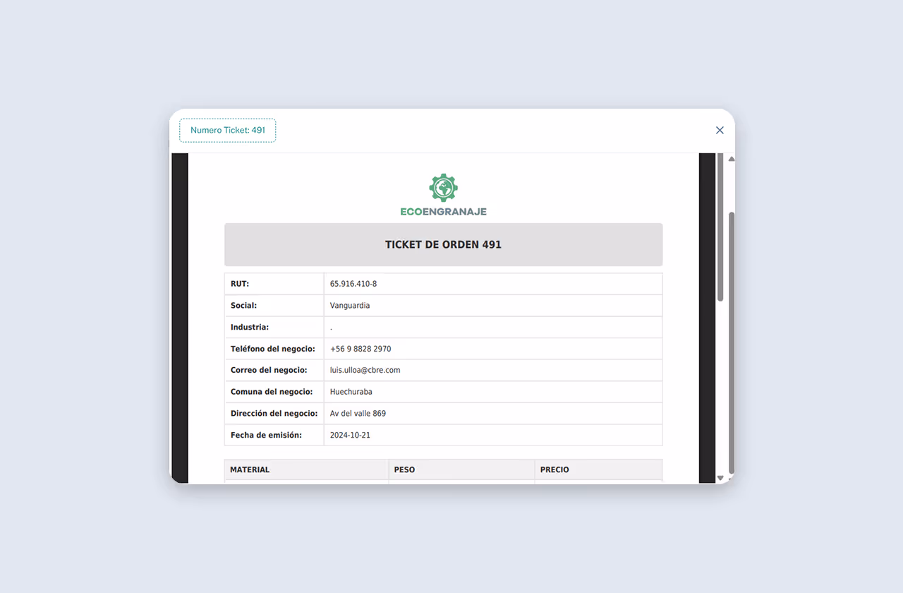 Ticket de orden 491 de Ecoengranaje en PDF con los datos del cliente: RUT, razón social, teléfono, correo, comuna y fecha de emisión.