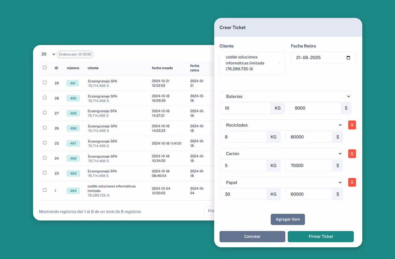 Formulario de creación de tickets con datos del cliente, materiales con pesos y precios, y una tabla con el listado de tickets.